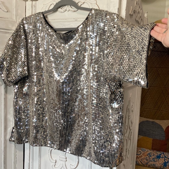 Vintage Silver Sequins Top XL 2X Deadstock Silk Boxy Crop Disco Jewel Queen - Picture 7 of 11